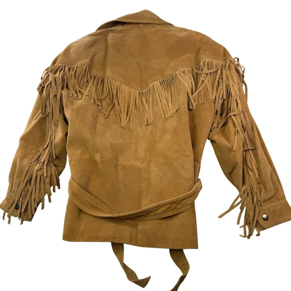 L.A. Studio Suede Fringe Zip Front Tie Belt Jacket Tan Western Boho‎ Festival S - Picture 13 of 16